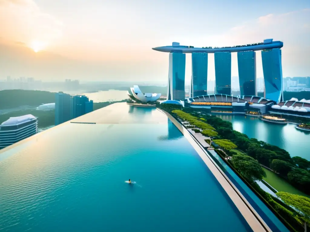 Vista aérea del lujoso hotel Marina Bay Sands en Singapur, con su icónica piscina infinita en la azotea y el moderno paisaje urbano