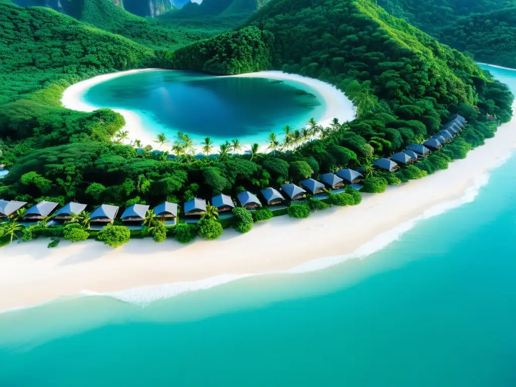 Vista aérea de un lujoso resort en Tailandia, con playas de arena blanca, aguas cristalinas y exuberante vegetación tropical