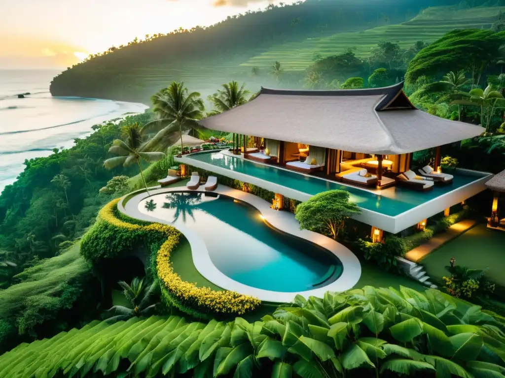 Vista aérea de un lujoso resort en Bali con infinity pool y vistas al mar turquesa, rodeado de exuberante vegetación y arquitectura balinesa