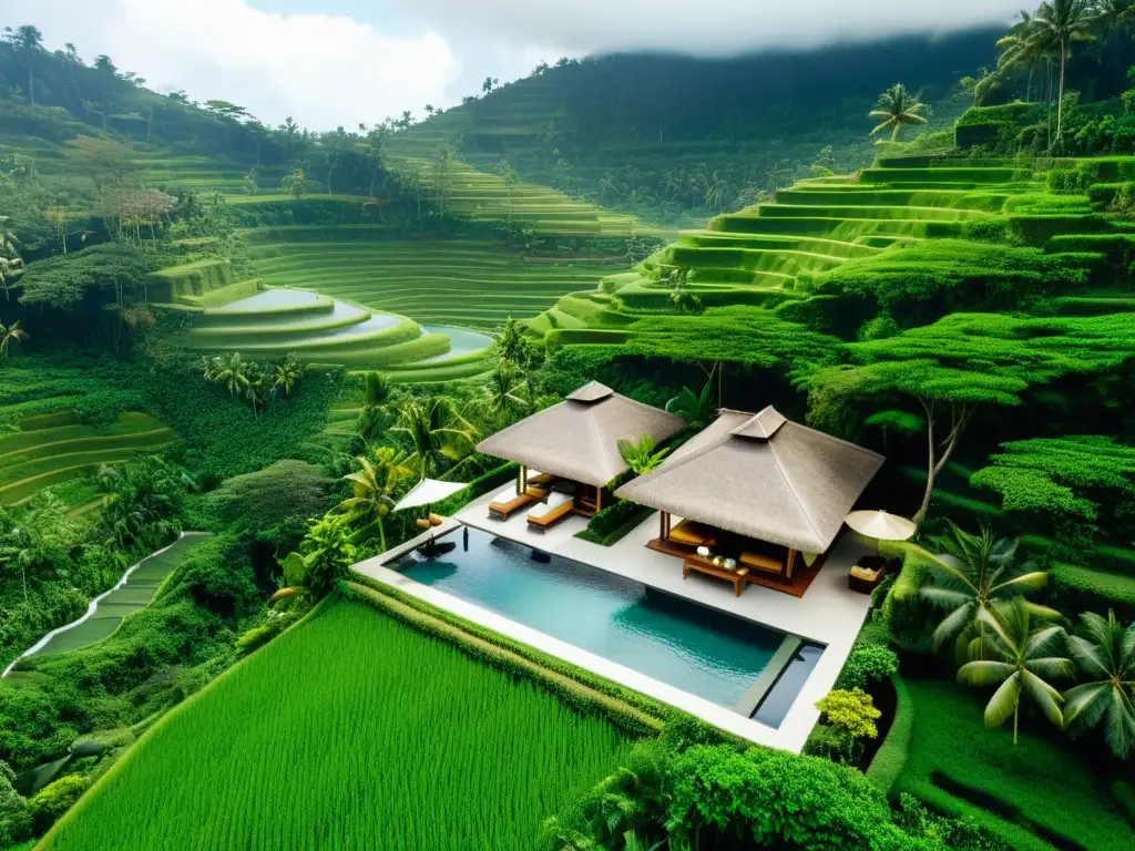 Vista aérea de un lujoso resort en Bali, integrado con armonía en la exuberante naturaleza