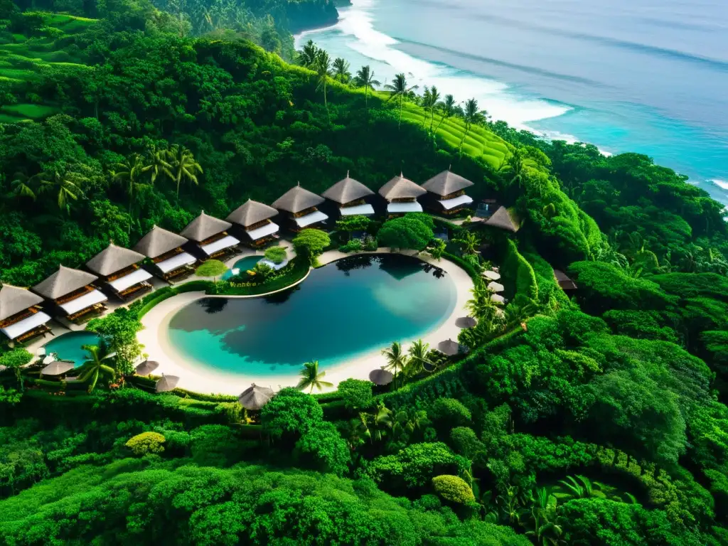 Vista aérea de un lujoso resort en Bali, con piscinas infinitas y villas privadas, en armonía con la exuberante naturaleza tropical y el océano Índico