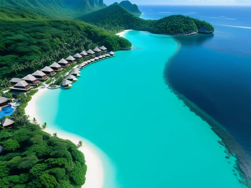 Vista aérea de un lujoso resort en el sudeste asiático con vistas al mar, donde la opulencia se fusiona con la naturaleza