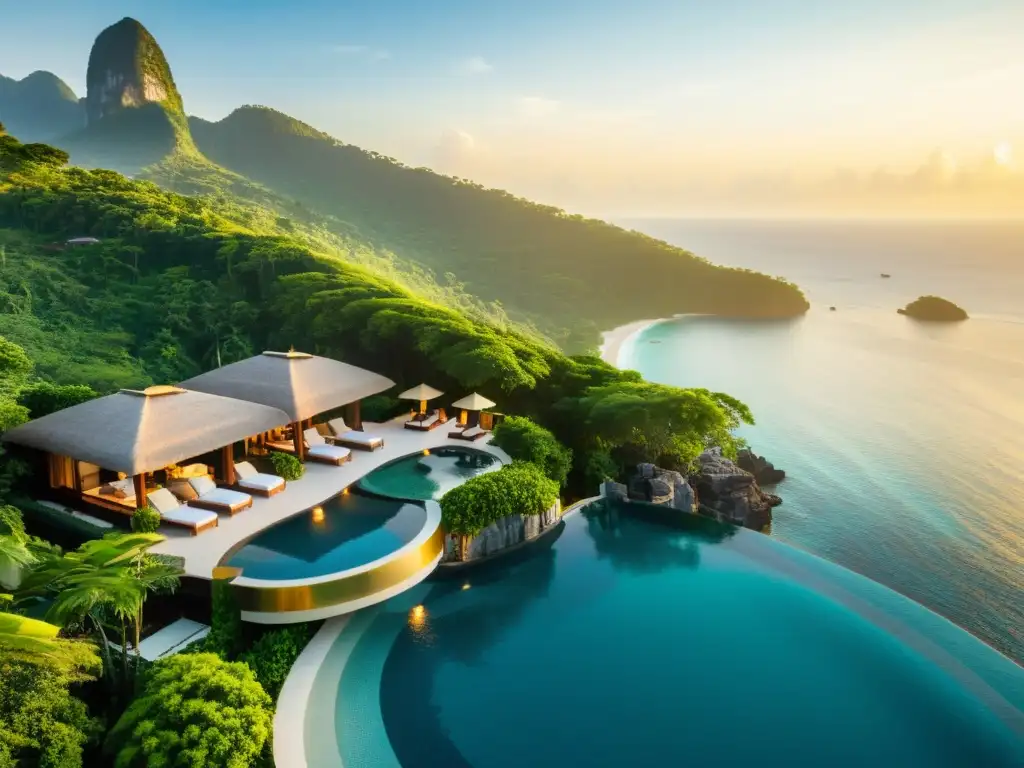 Vista aérea de un lujoso resort en Asia, con piscina infinity y paisajes exuberantes