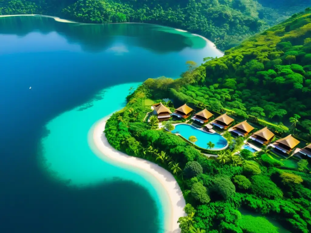 Vista aérea de un lujoso resort ecológico en Asia, rodeado de exuberante vegetación y aguas cristalinas