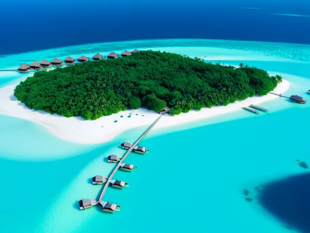 Vista aérea de lujoso resort de lujo en Maldivas, villas sobre el agua, aguas turquesas y playas de arena blanca