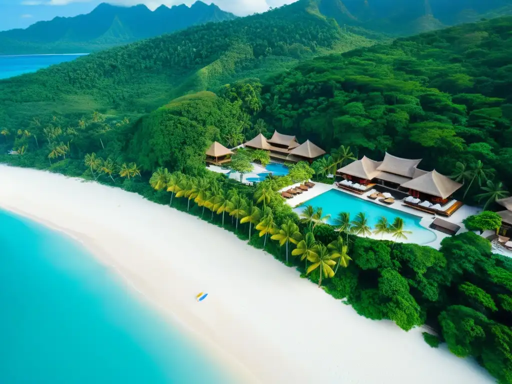 Vista aérea de un lujoso resort en Filipinas, rodeado de exuberante naturaleza y aguas cristalinas