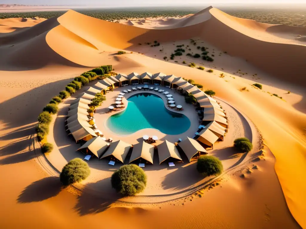 Vista aérea de lujoso resort en el desierto de Oriente Medio con piscina infinita y tiendas de lujo entre dunas