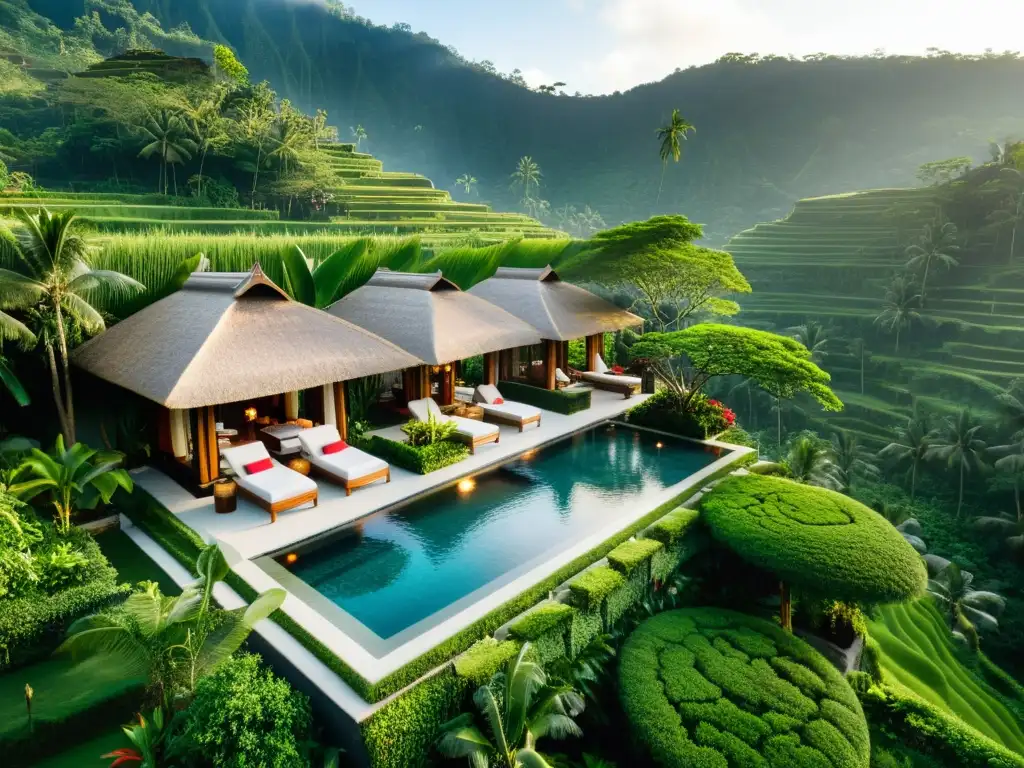 Vista aérea de un lujoso resort en Bali, con piscina infinita y arquitectura balinesa, ideal para Resorts de lujo en Bali