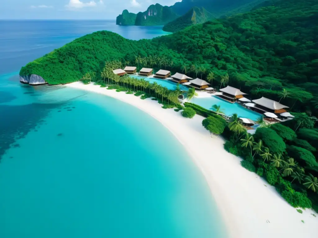 Vista aérea de un lujoso resort en una isla de Asia, rodeado de exuberante vegetación tropical y aguas turquesa