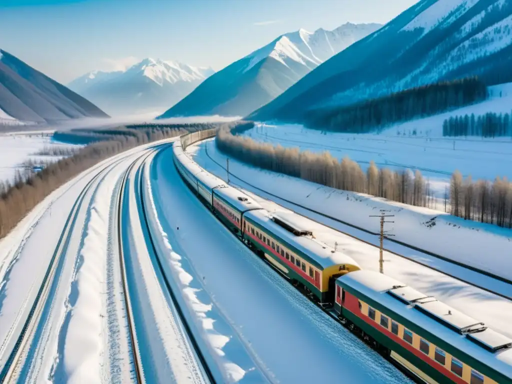 Vista aérea del mágico tren Transiberiano cruzando paisajes nevados