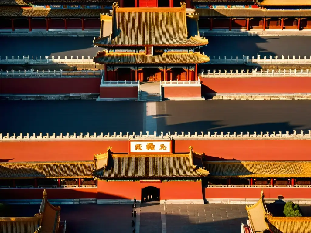 Vista aérea de la majestuosa Ciudad Prohibida en China, destacando el simbolismo de los palacios imperiales y su diseño simétrico