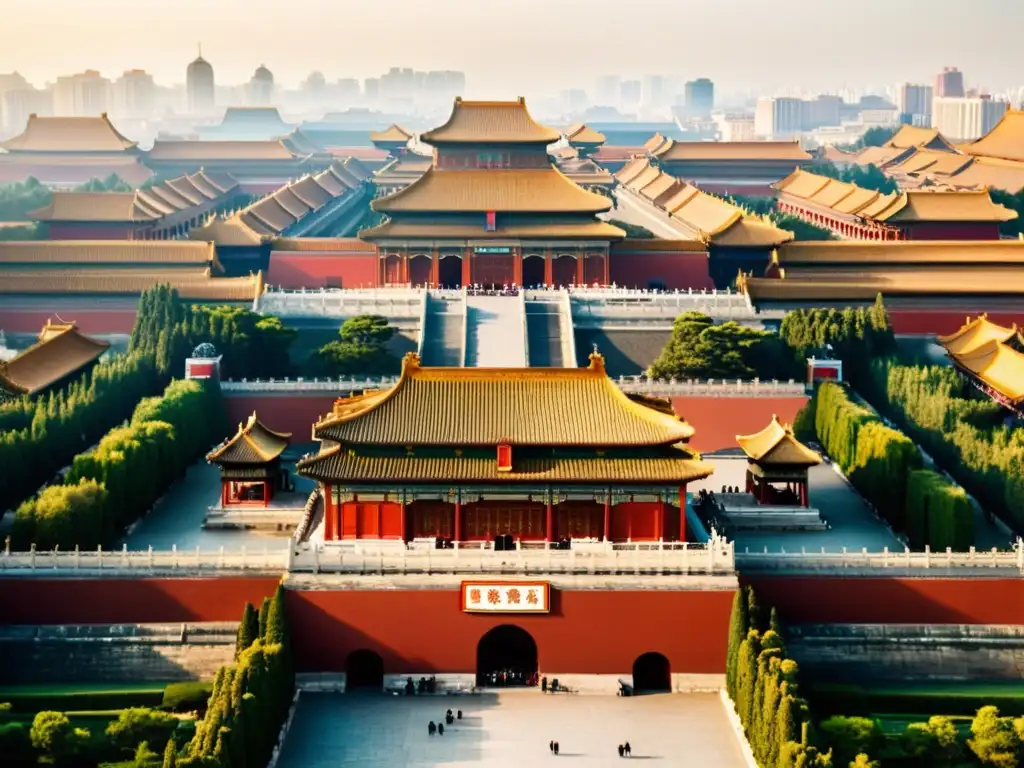 Vista aérea majestuosa de la Ciudad Prohibida en Beijing, resaltando el poder de las emperatrices poderosas en la historia china