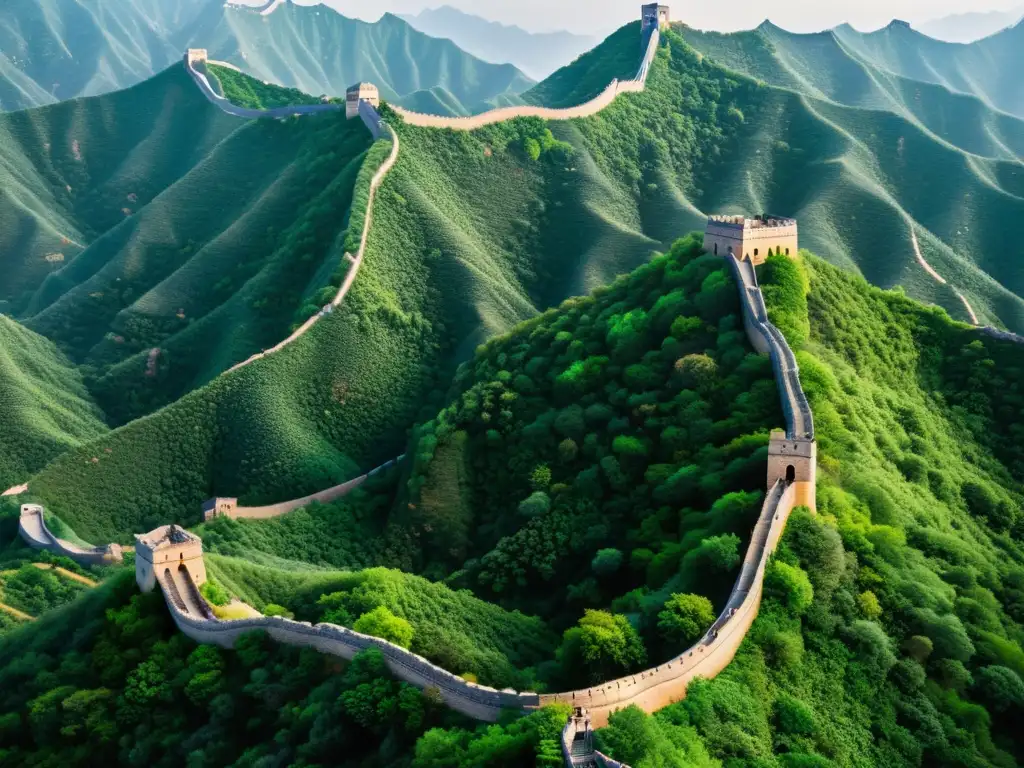 Vista aérea de la majestuosa Muralla China de la dinastía Ming Navegantes Dragón Gran Muralla serpenteando entre montañas y vegetación exuberante