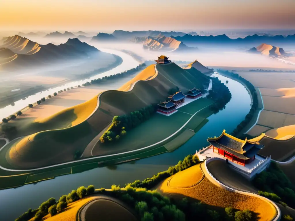 Vista aérea del majestuoso paisaje de China antigua con el río Amarillo y el palacio real de la dinastía Zhou, evocando el Mandato del Cielo en China