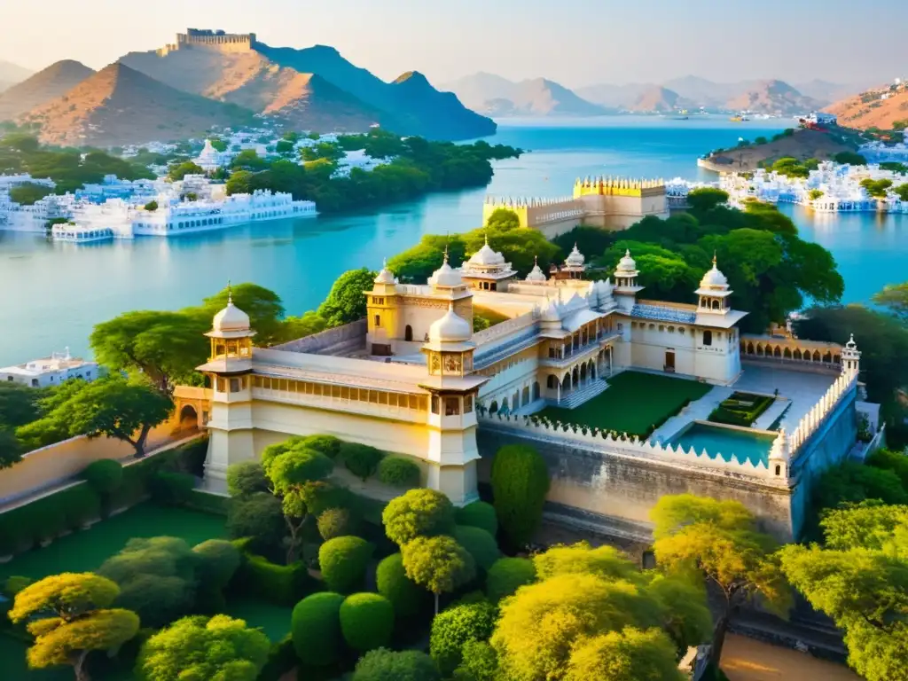 Vista aérea del majestuoso Palacio de la Ciudad de Udaipur en India, con el lago Pichola y los Palacios reales convertidos hoteles lujo Asia