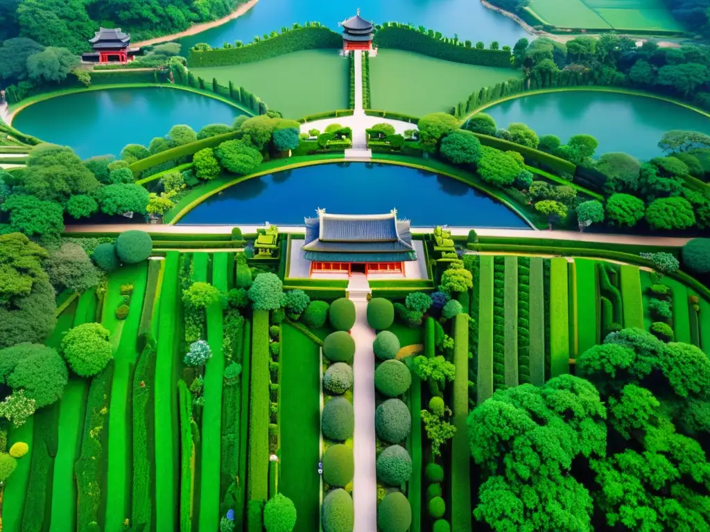 Vista aérea de los majestuosos Jardines Imperiales de China, con deslumbrante diseño y rica historia cultural