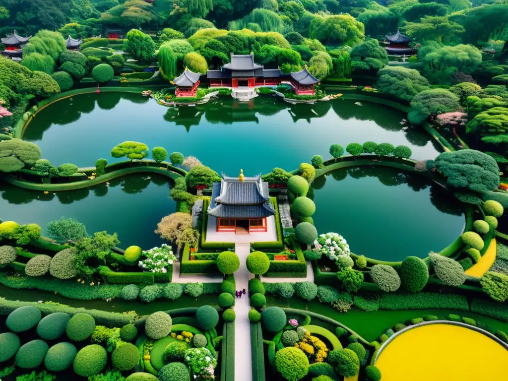 Vista aérea de los majestuosos Jardines Imperiales de China, con senderos intrincados, flores vibrantes y setos meticulosamente cuidados, mostrando el diseño tradicional de jardines chinos con pabellones ornamentados, estanques serenos y árboles antiguos, cre