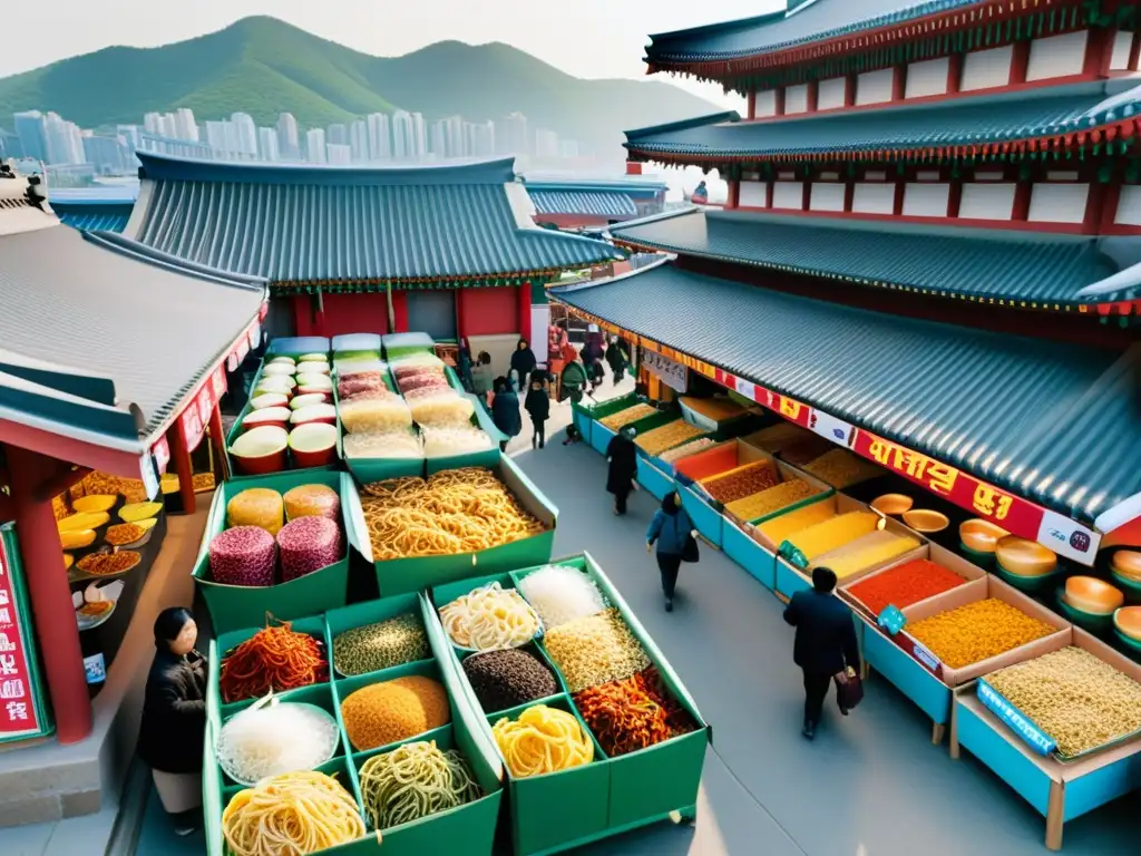 Vista aérea de un mercado bullicioso en Corea del Sur con puestos coloridos de fideos instantáneos y la vibrante Revolución del Ramyeon Corea