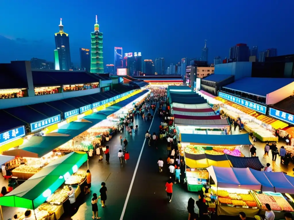 Vista aérea de mercado nocturno en Taipei, Taiwan, con puestos de comida iluminados por luces de neón