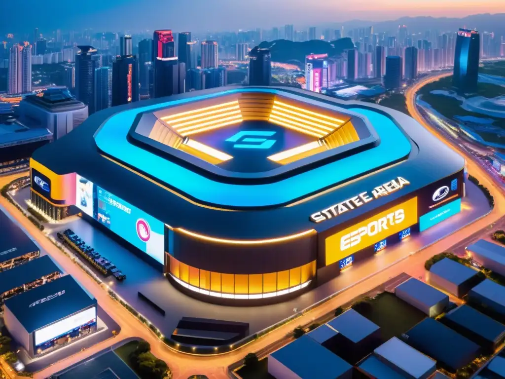 Vista aérea de la moderna infraestructura eSports Asia, con un vibrante estadio futurista, multitud de fans y edificios modernos iluminados por neones