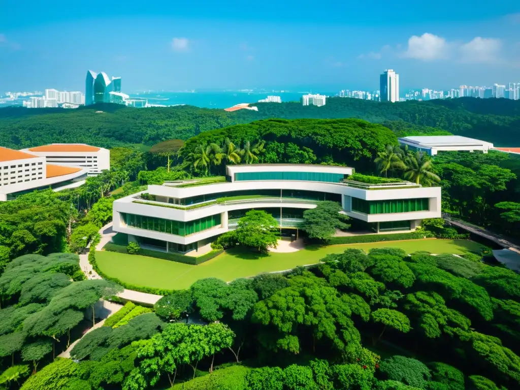 Vista aérea del moderno campus INSEAD Asia en Singapur, rodeado de exuberante vegetación