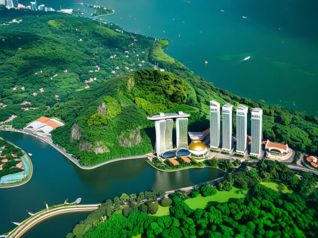 Vista aérea de Singapur, con su moderno horizonte urbano y exuberante vegetación, simbolizando oportunidades laborales y crecimiento económico en Asia