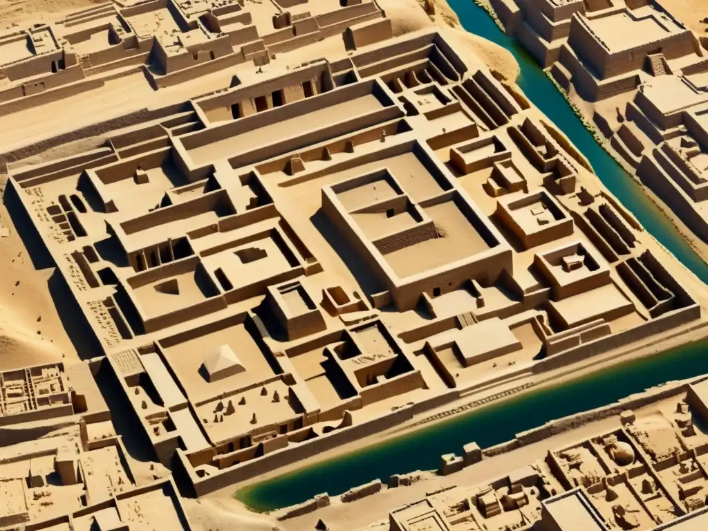 Vista aérea de Mohenjodaro, antigua ciudad con avanzada planificación urbana, evidencia de arquitectura sofisticada y sistemas de drenaje