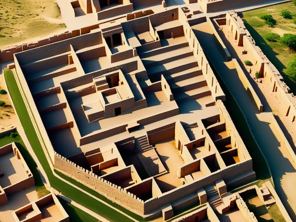 Vista aérea de Mohenjo-Daro, antigua ciudad del Valle Indo con sus calles y estructuras, baño grande y descubrimiento artefactos Valle Indo