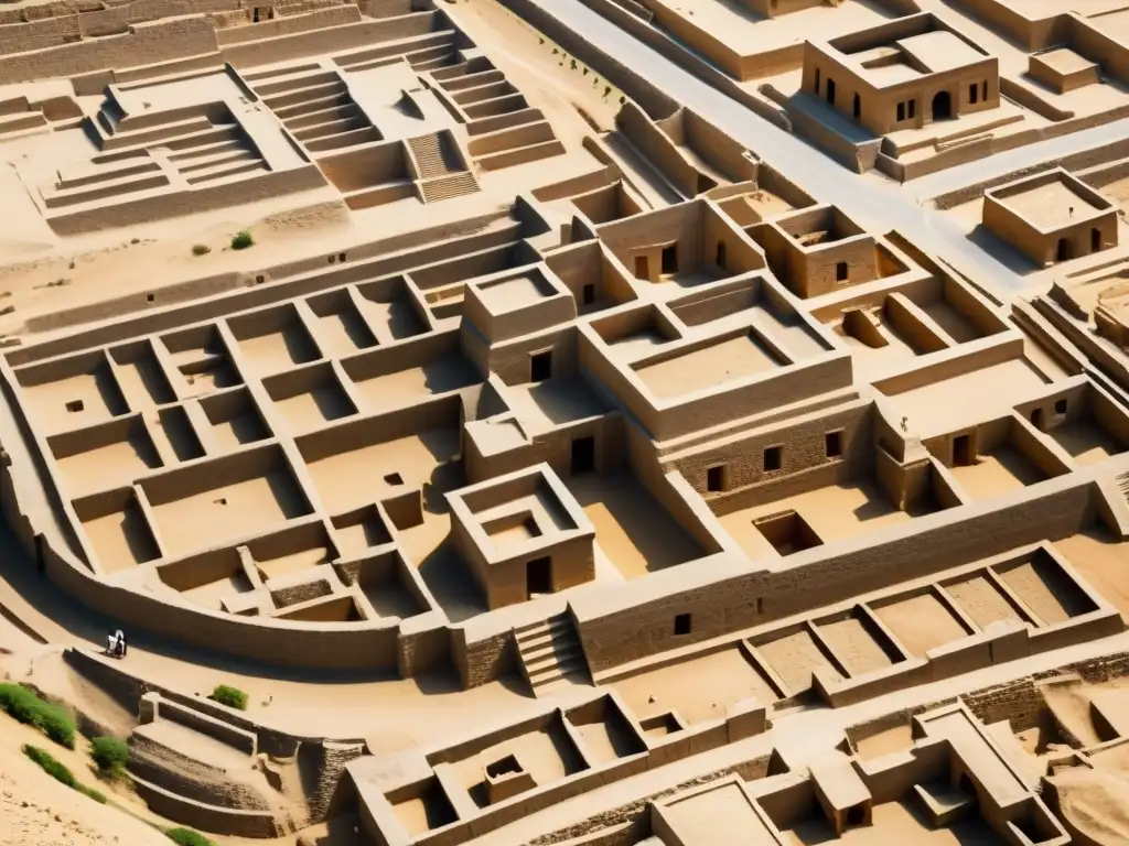 Vista aérea de Mohenjodaro, revelando la compleja planificación urbana y diseño arquitectónico de la antigua ciudad