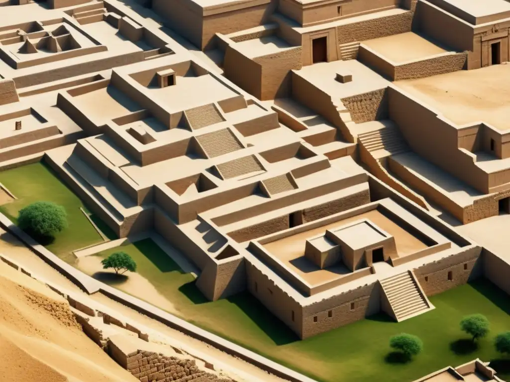 Vista aérea de Mohenjo-Daro, revelando el diseño urbano y la arquitectura antigua en el misterioso Valle del Indo, evocando ciudades gemelas