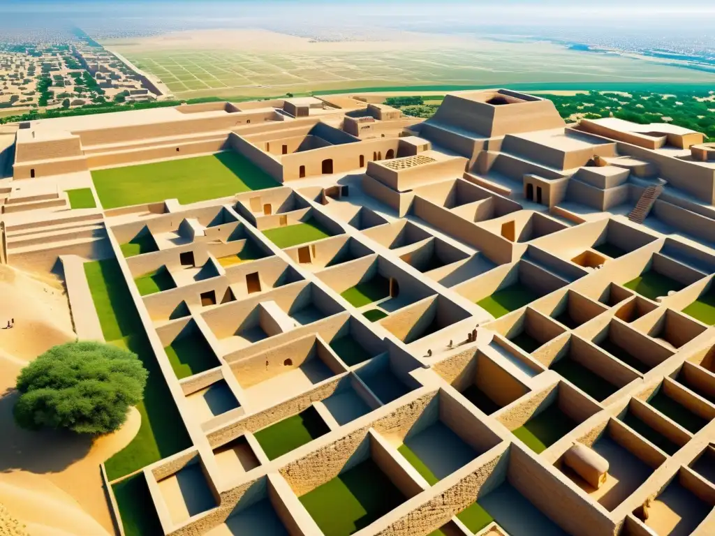 Vista aérea de Mohenjodaro con modernidad en el fondo, integrando la planificación urbana del Valle Indo con la modernidad