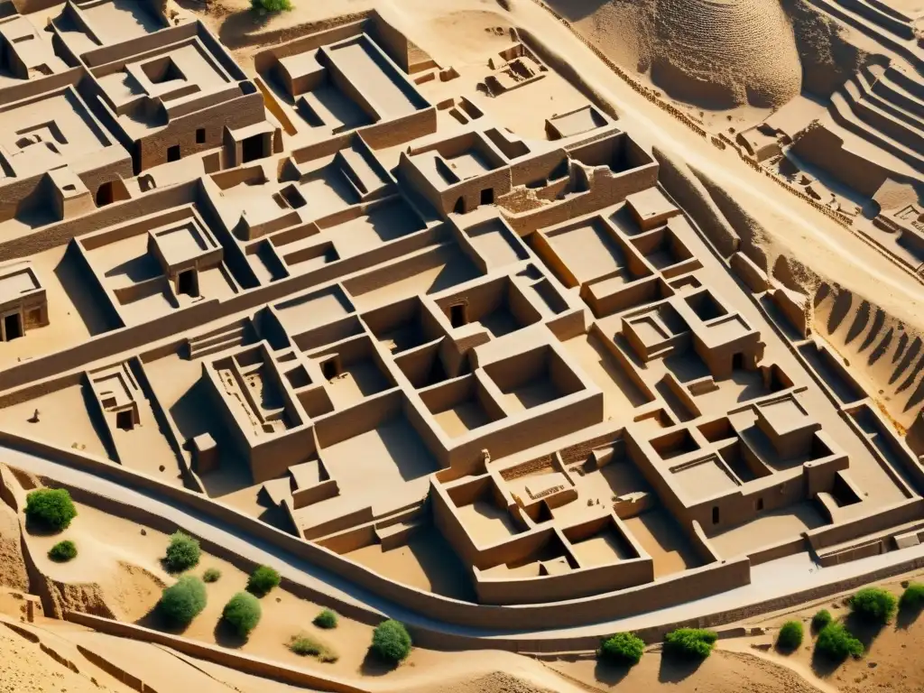 Vista aérea de Mohenjodaro, representaciones artísticas Valle Indo con complejo urbano, calles y ruinas iluminadas por el sol