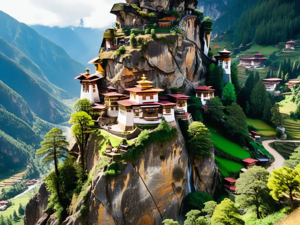 Vista aérea del Monasterio del Nido del Tigre en el Valle de Paro, Bhután, integrado armoniosamente en la naturaleza