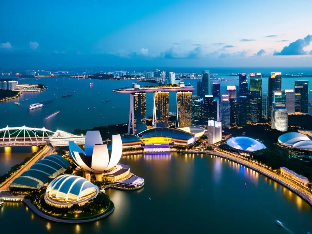 Vista aérea de Singapur de noche, con el impacto de Crazy Rich Asians reflejado en su moderna arquitectura y luces de la ciudad