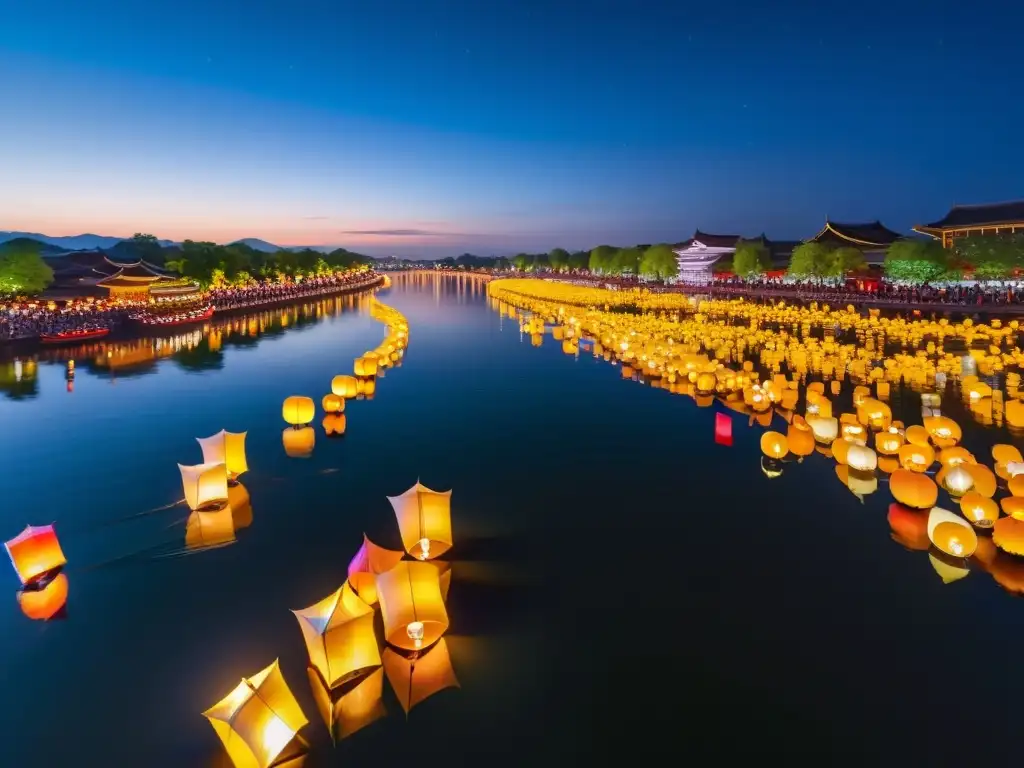 Vista aérea nocturna del festival de linternas con cientos de linternas flotantes iluminando el río