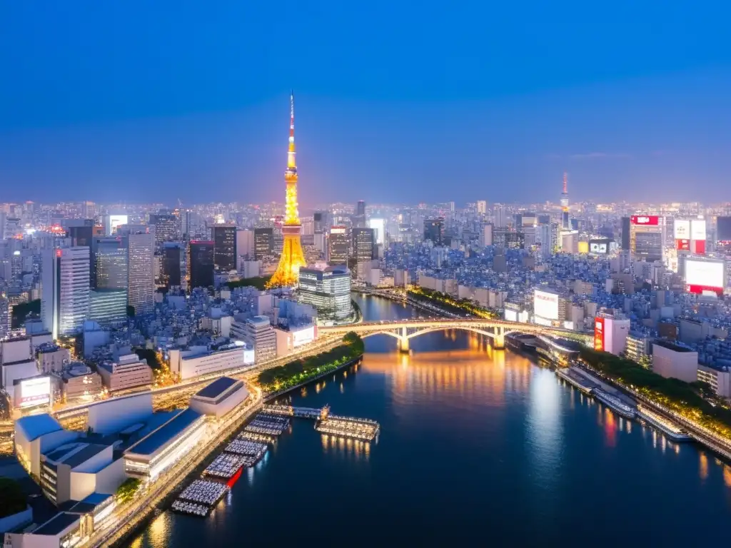 Vista aérea nocturna de Tokio con rascacielos iluminados y reflejados en el río Sumida, mostrando alojamientos de lujo en Tokio