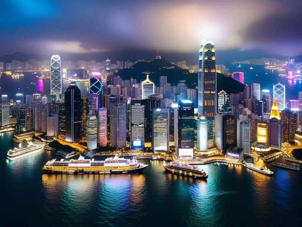 Espectacular skyline nocturno de Hong Kong Vista aérea nocturna de la vibrante línea de horizonte de Hong Kong, reflejada en la serena agua de la Bahía de Victoria