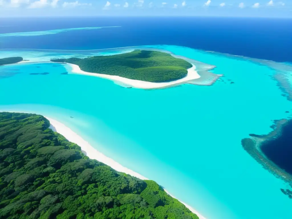 Vista aérea del oasis de lujo en islas asiáticas, Miyakojima, con aguas turquesas y playas blancas