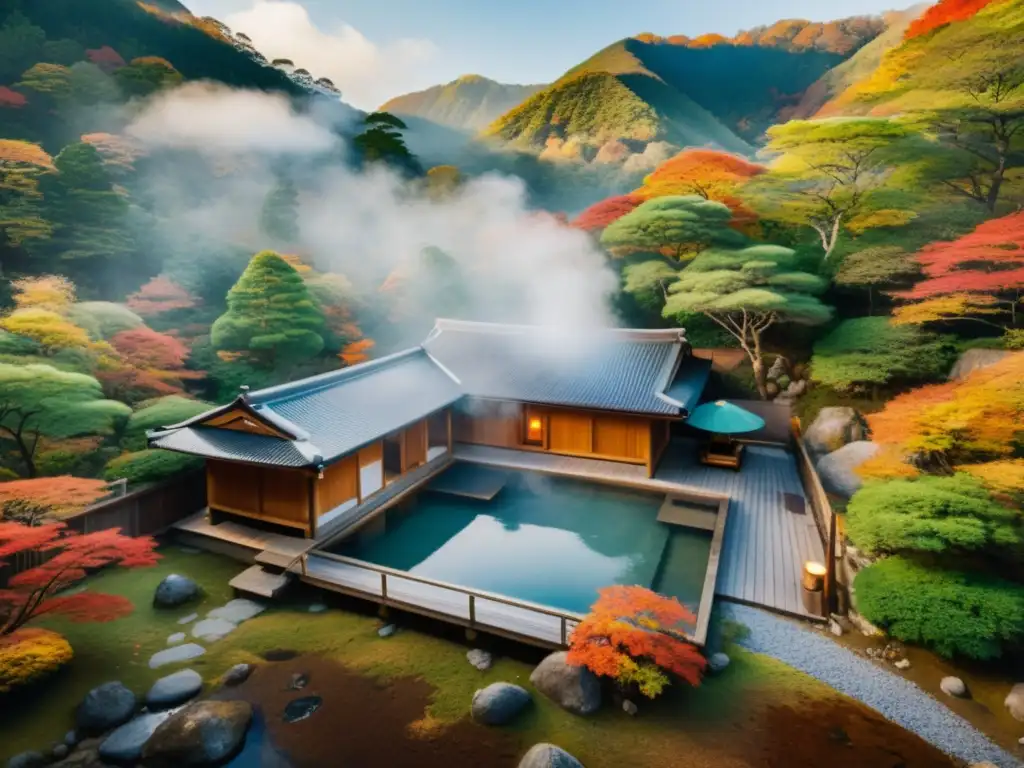 Vista aérea de un onsen japonés en un bosque exuberante, con vapor de aguas termales y hojas otoñales