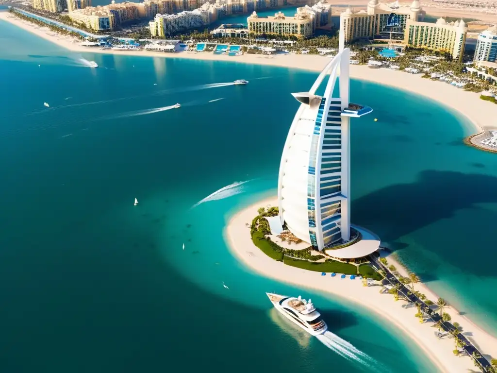 Vista aérea del opulento hotel Burj Al Arab en Dubái, con su arquitectura en forma de vela, rodeado de aguas azules y yates de lujo