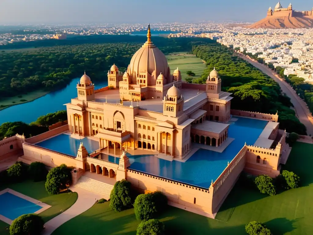 Vista aérea del opulento Palacio Umaid Bhawan en Jodhpur, Rajastán, durante la hora dorada