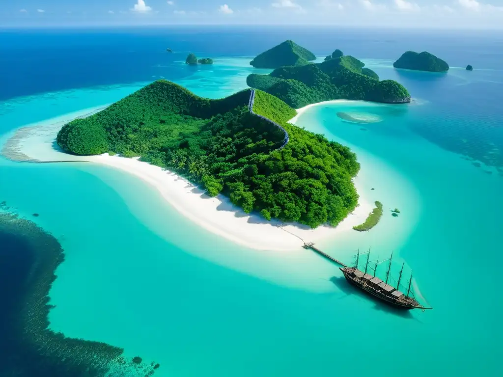 Vista aérea de un paisaje exuberante en una isla remota del Mar de China del Sur, con un naufragio antiguo y misterioso