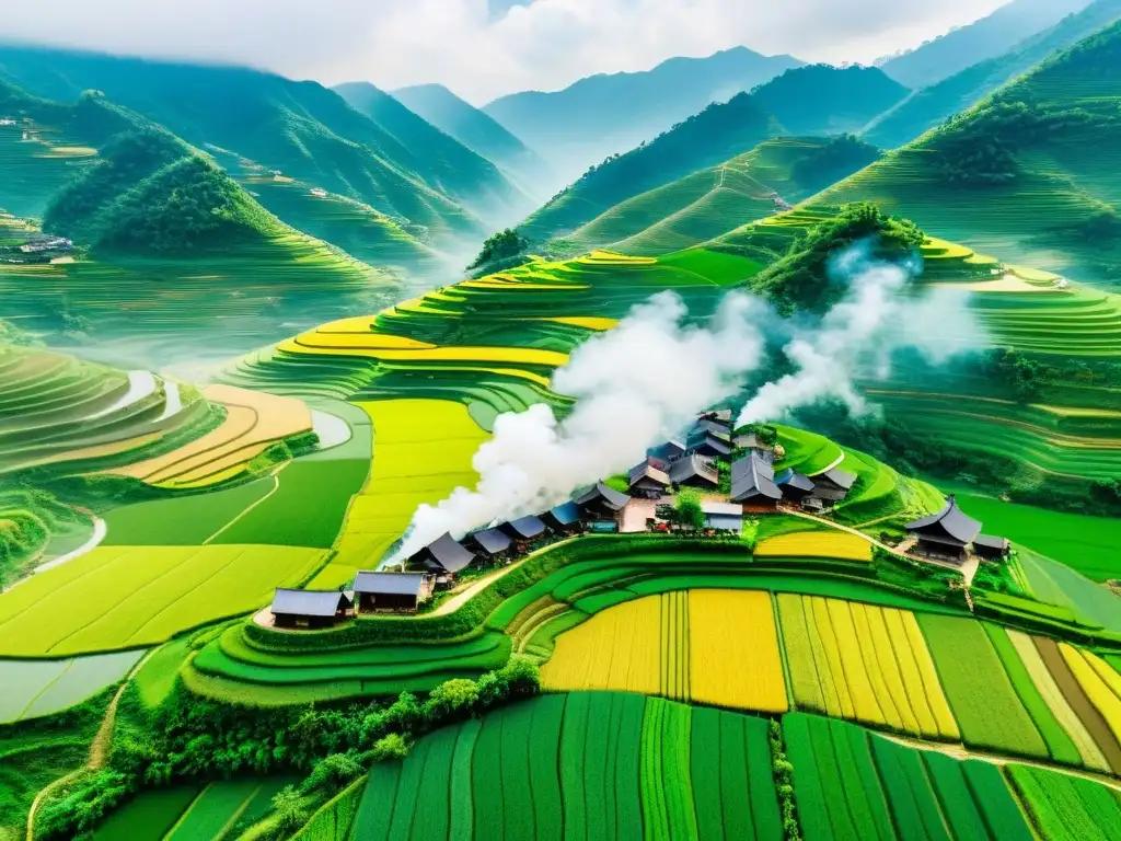 Vista aérea de un pintoresco pueblo en las colinas de China, rodeado de arrozales y casas tradicionales