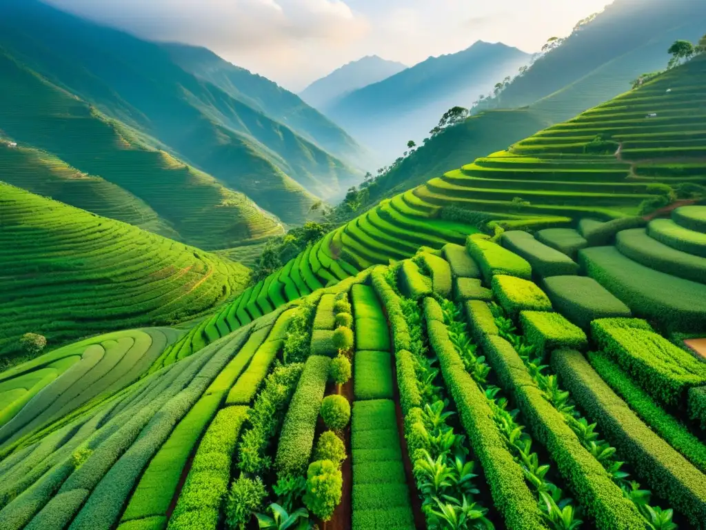 Vista aérea de plantaciones de té en Asia, con terrazas verdes entre montañas cubiertas de niebla al amanecer