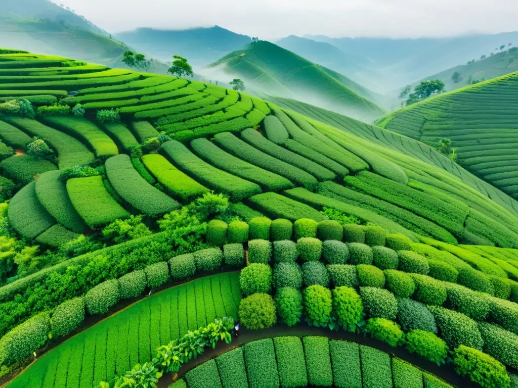 Vista aérea de plantaciones de té en Asia