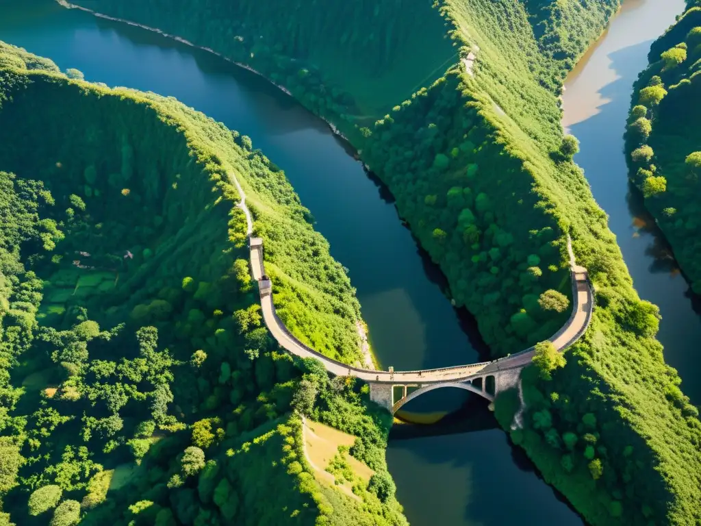 Vista aérea de puentes antiguos en Asia sobre ríos y paisaje exuberante, bañados por la suave luz del sol