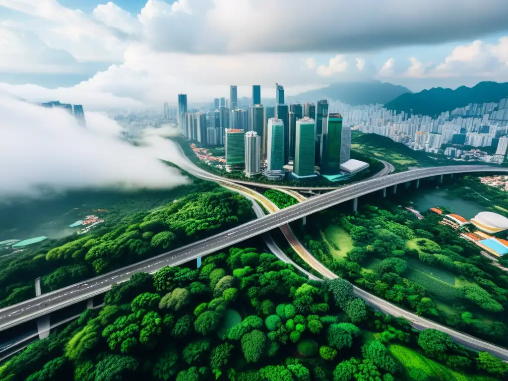 Vista aérea de la transformación del cloud computing en Asia, con rascacielos, autopistas y exuberante vegetación urbana