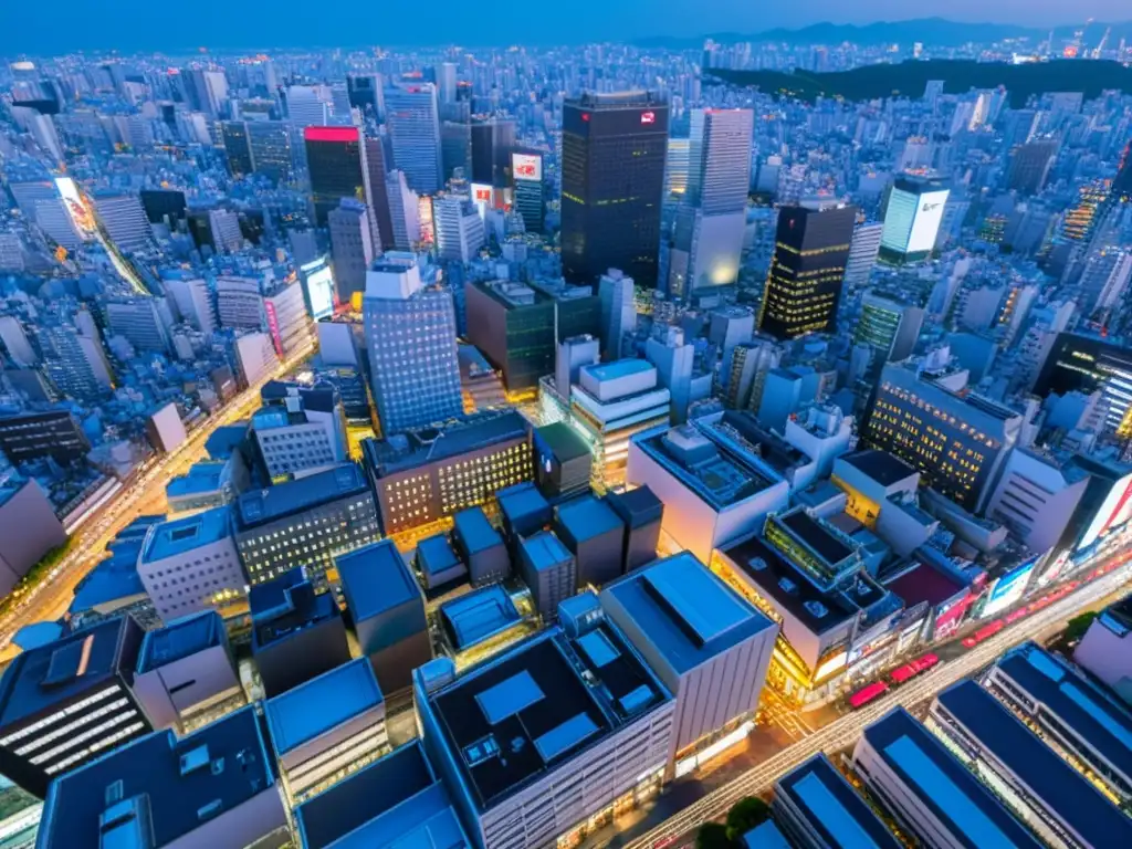 Vista aérea de los rascacielos brillantes del exclusivo distrito de Ginza en Tokio de noche, con luces de neón y bulliciosas calles, capturando una atmósfera lujosa y futurista, ideal para alojamientos de lujo en Tokio