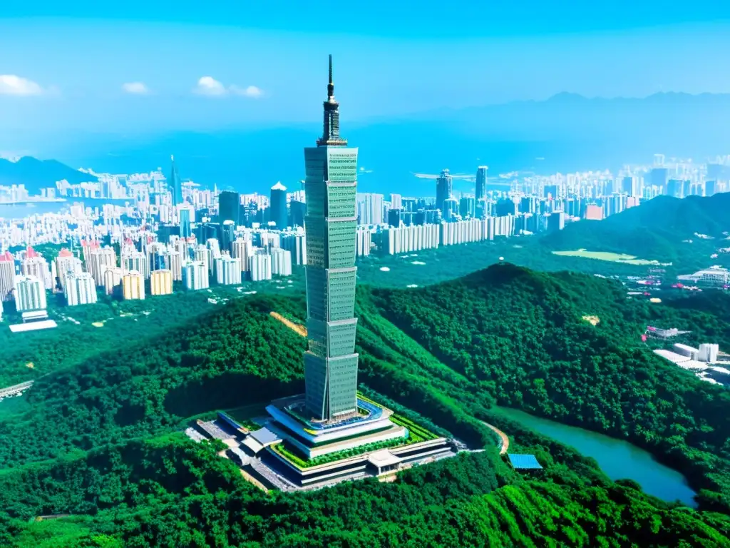 Vista aérea del rascacielos Taipei 101 en Taiwán, destacando su diseño sostenible con terrazas verdes, paneles solares y sistemas de reciclaje de agua