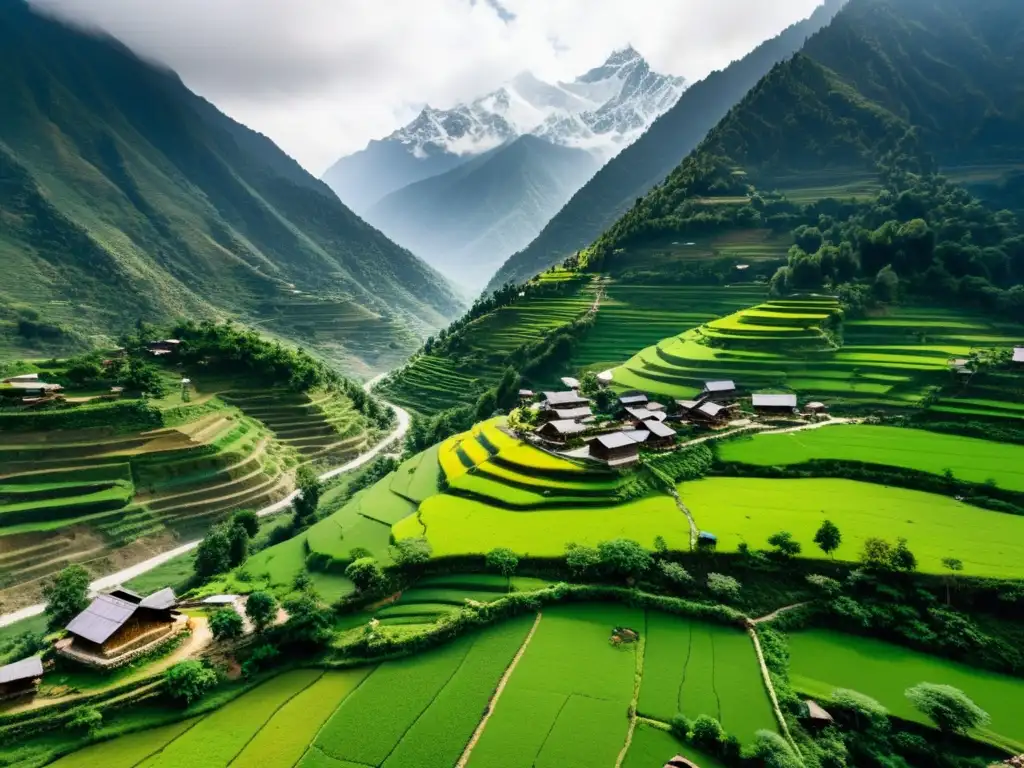 Vista aérea de una remota aldea en el Himalaya, con tradicionales casas de piedra y madera, terrazas de cultivo y río serpenteante